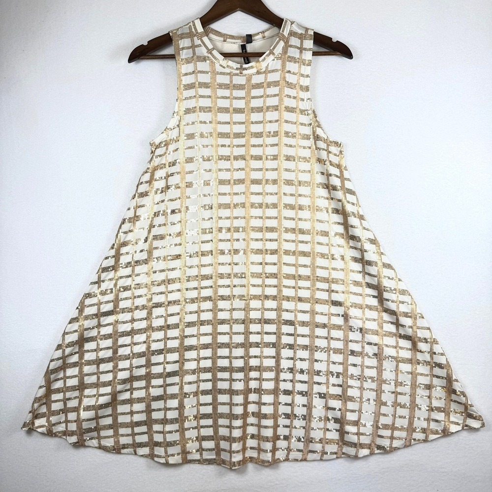 Heartsoul Ivory Gold Sequin Grid Sleeveless Shift Dress Womens Medium NWT